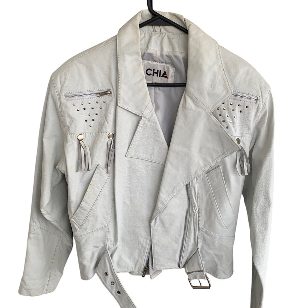 Vintage 80s Chia Moto Embellished Fringe Rocker Coat white Leather Jacket Large